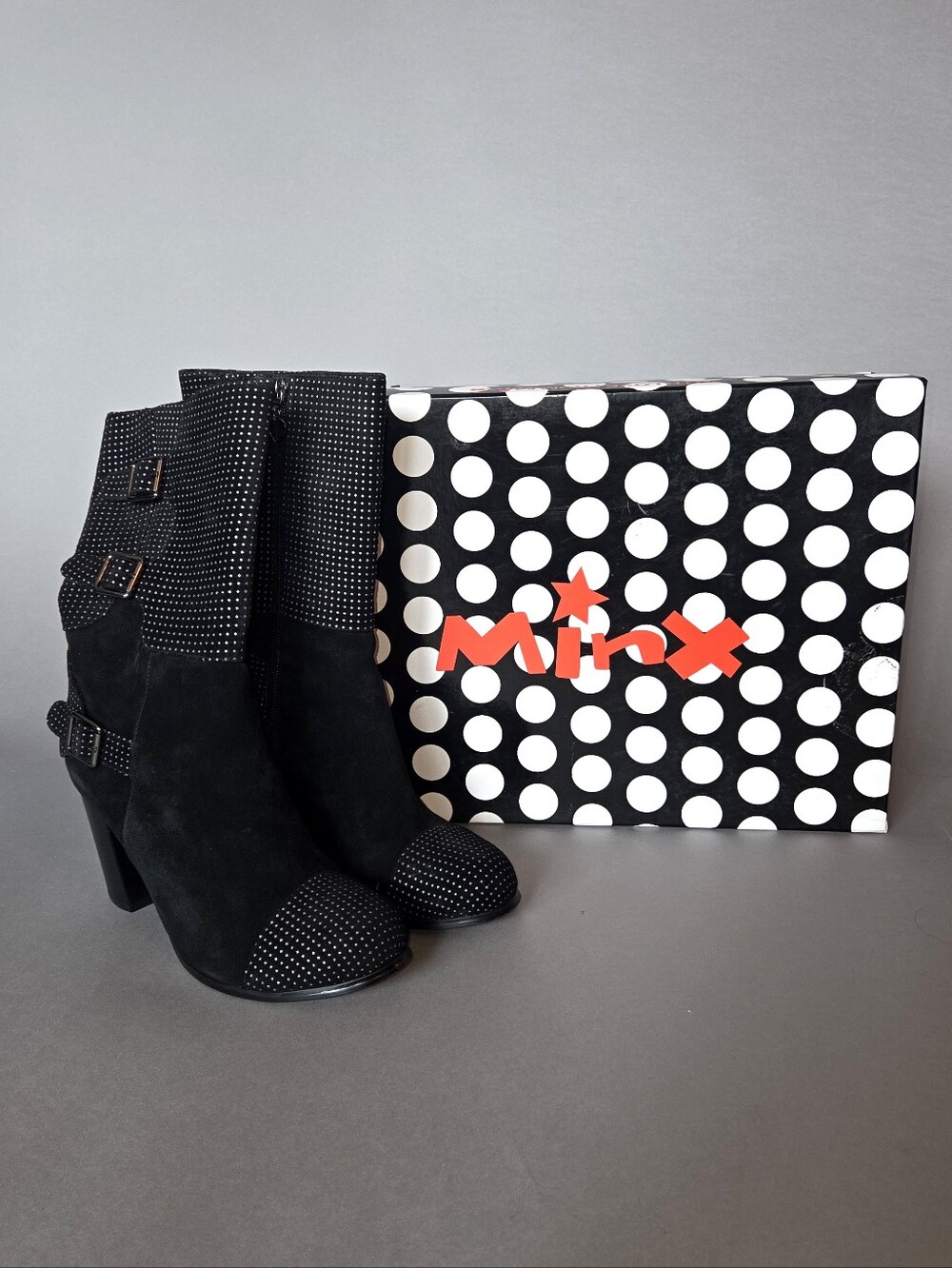 Minx Black Suede Ankle Boots with Studded Details